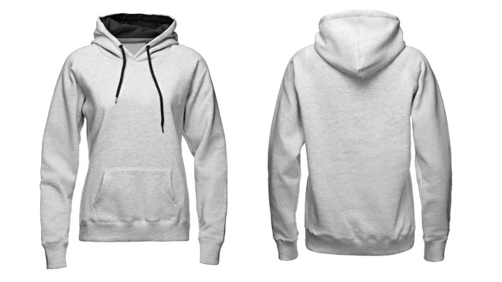 Grauer Hoodie mit schwarzen Schnüren und Kapuze.